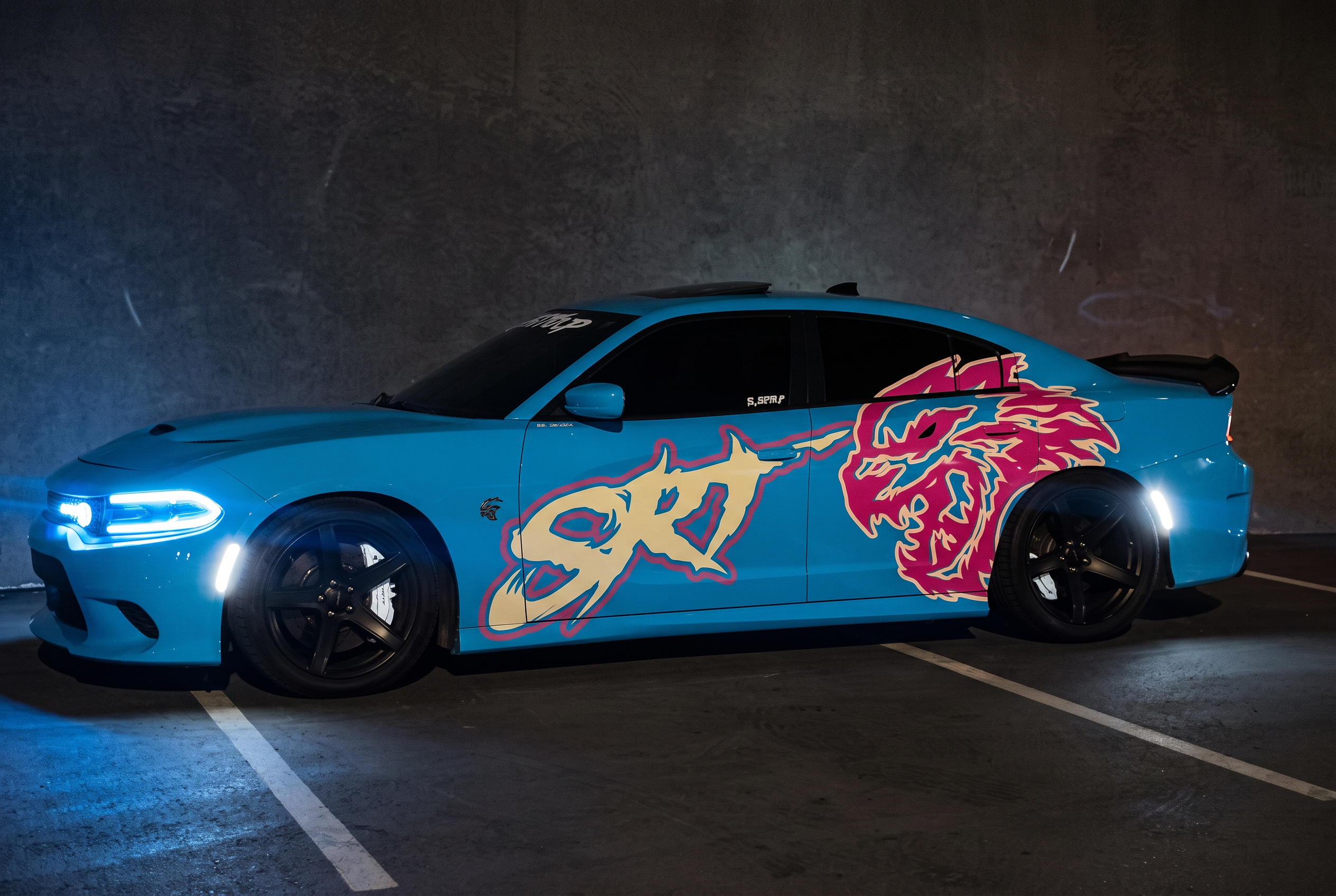 Blue SRT with custom dragon graphics