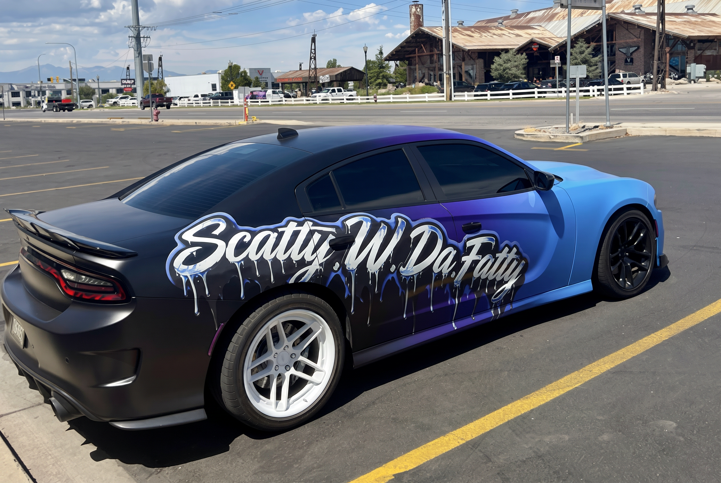 Blue and purple custom wrapped Dodge Charger